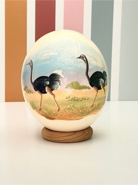 Hand Painted Ostrich Egg Ostrich Scene on Wood Ring African Safari Decor